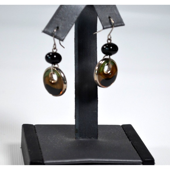 Silver Tone Hook Dangle Pierced Earrings Enamel Coated‎ Ring w/ Black Bead 1.5" - Picture 2 of 7